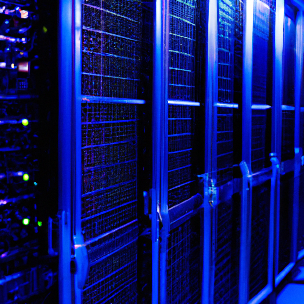 Дата-центр с серверами и синими индикаторами